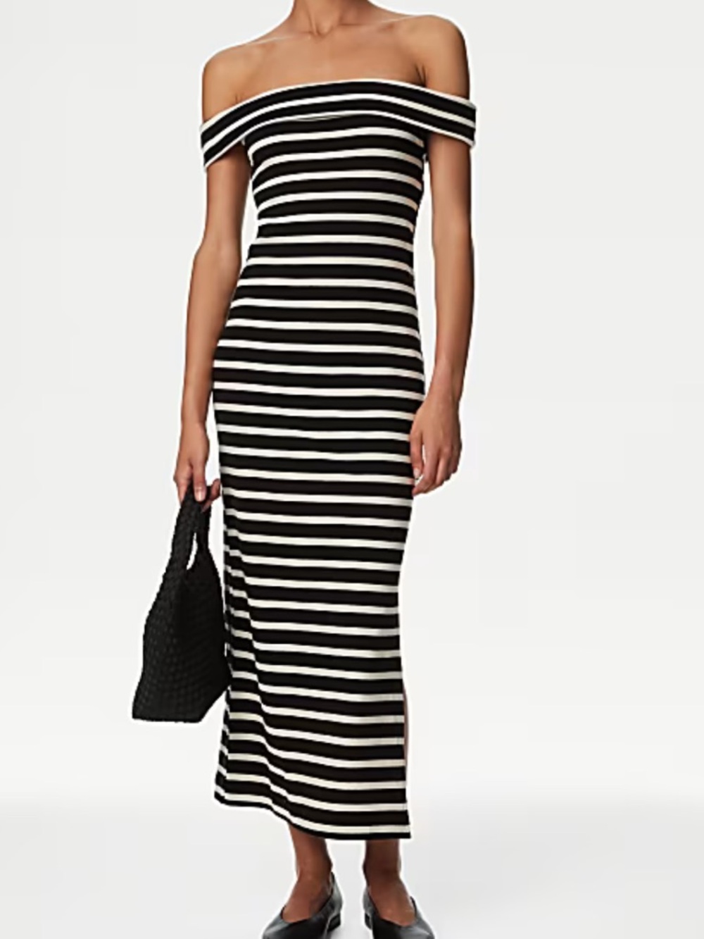 Freshman 1996 olive and white stripe off the shoulder midi dress w side slit